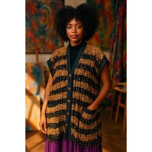 Patricia Hermann Vintage Sequin Fringe Vest Jacket Black Tan One Size Art boho